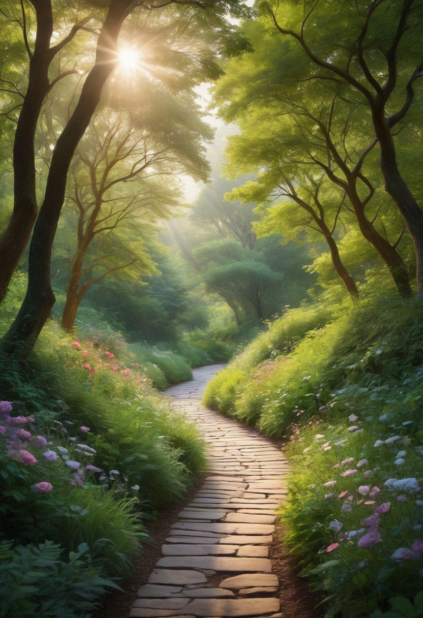 A serene landscape depicting a winding path through lush greenery, symbolizing the cancer journey. Along the path, silhouettes of diverse individuals - doctors, and survivors - share insights, embodying hope and resilience. Soft light filters through the trees, creating a warm and inviting atmosphere. Include delicate flowers blooming along the path as symbols of growth and healing. super-realistic. vibrant colors. serene background.