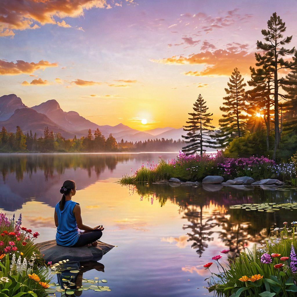 A serene landscape exhibiting a gentle sunrise over a tranquil lake, with a person practicing meditation on the shore, surrounded by nature and blooming flowers. Include soft rays of light symbolizing hope and empowerment, along with subtle icons of cancer awareness (like ribbons) integrated into the scenery. The colors should be warm and uplifting, conveying a sense of peace and resilience. vibrant colors. super-realistic. calming atmosphere.