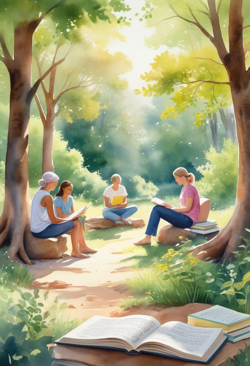 A serene and inspiring scene depicting a diverse group of individuals engaged in a supportive conversation, surrounded by nature, books, and health-related materials. Bright sunlight filtering through trees symbolizing hope and knowledge, with subtle visuals of cancer awareness ribbons. Incorporate elements like a wellness journal, green plants, and healthy food options for recovery. watercolor style. soft and uplifting colors.